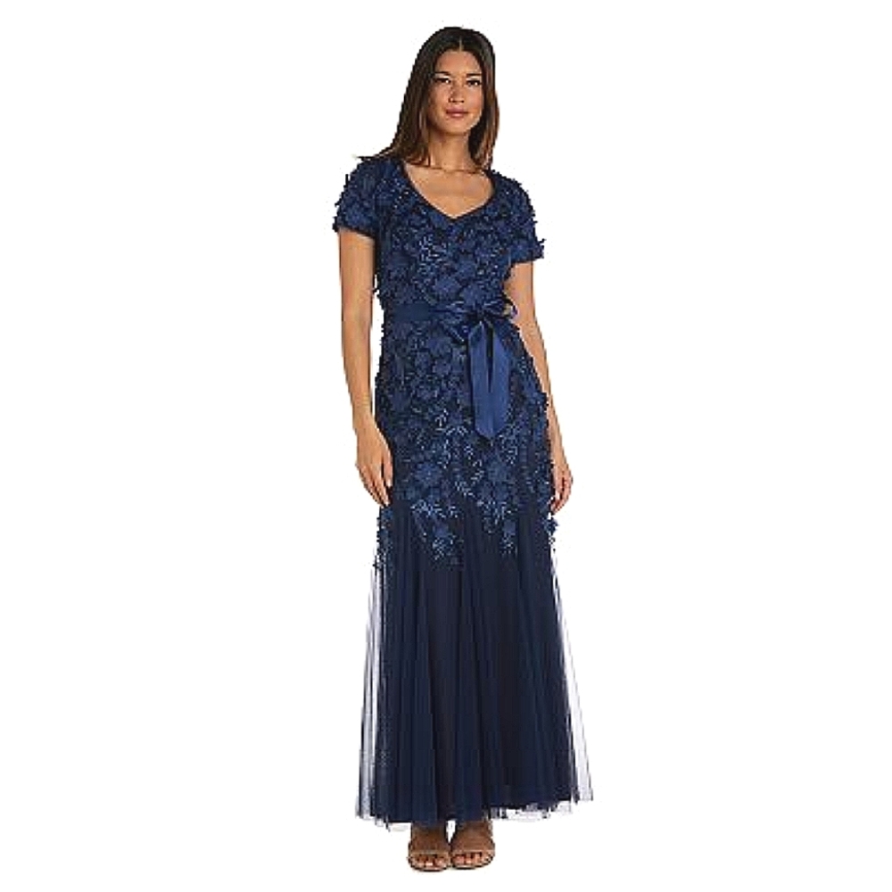Women's R&M Richards Godet Skirt Floral Applique Dress Blue Size 6